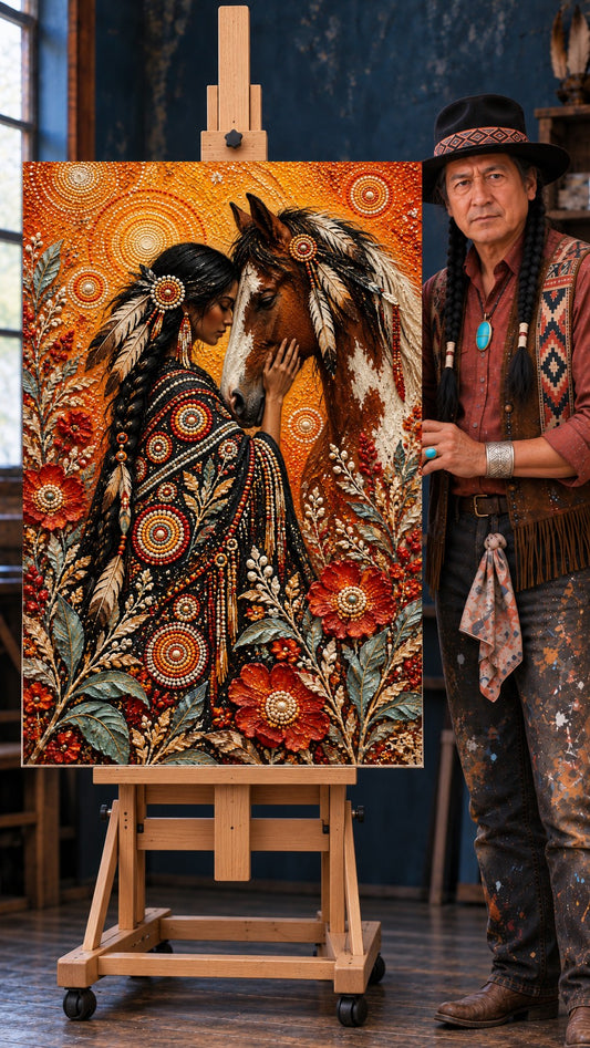 Native woman in beaded shawl resting her hand on a pinto horse's cheek, surrounded by red poppies and orange dot patterns