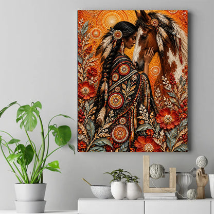 Native woman in beaded shawl resting her hand on a pinto horse's cheek, surrounded by red poppies and orange dot patterns – ảnh 2