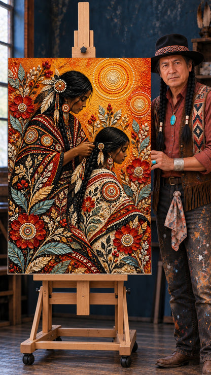 Native woman braiding a young girl's hair, surrounded by red flowers, beadwork, and glowing suns in warm tones.