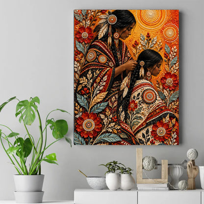 Native woman braiding a young girl's hair, surrounded by red flowers, beadwork, and glowing suns in warm tones. – ảnh 2