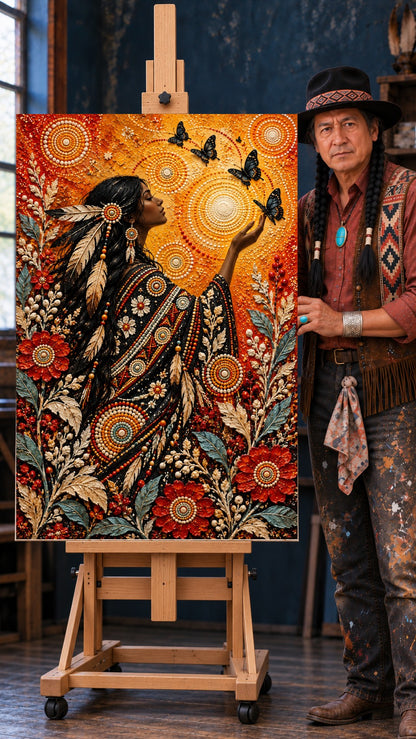 Native woman in profile with beaded dress, reaching toward a butterfly. Floral patterns and warm orange light.