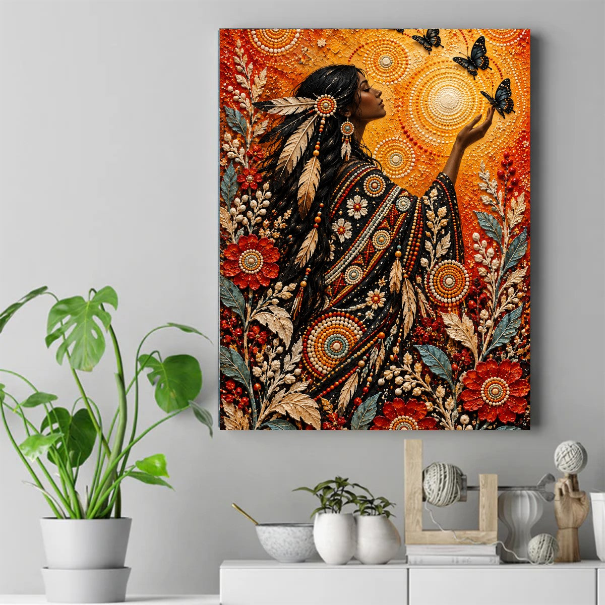 Native woman in profile with beaded dress, reaching toward a butterfly. Floral patterns and warm orange light. – ảnh 2