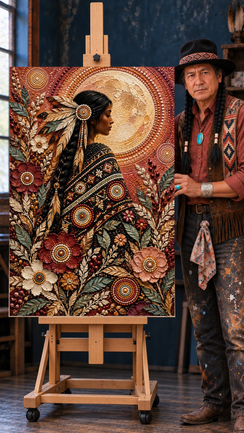 Native woman in profile with beaded feather and floral shawl, full moon behind her in burgundy and gold tones.