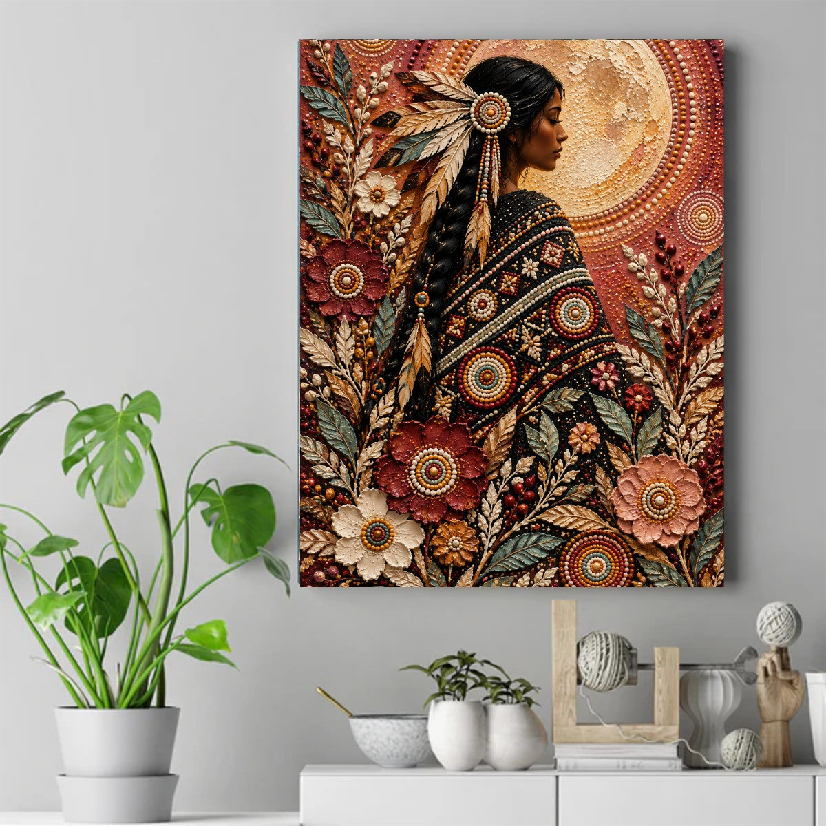 Native woman in profile with beaded feather and floral shawl, full moon behind her in burgundy and gold tones. – ảnh 2