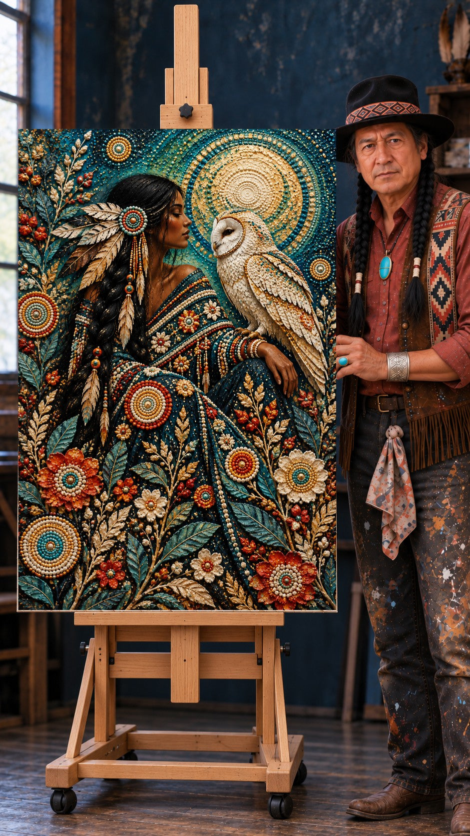 Native woman in a beaded dress with braided hair and feathers, a white owl on her arm, gold sun and beadwork flowers.