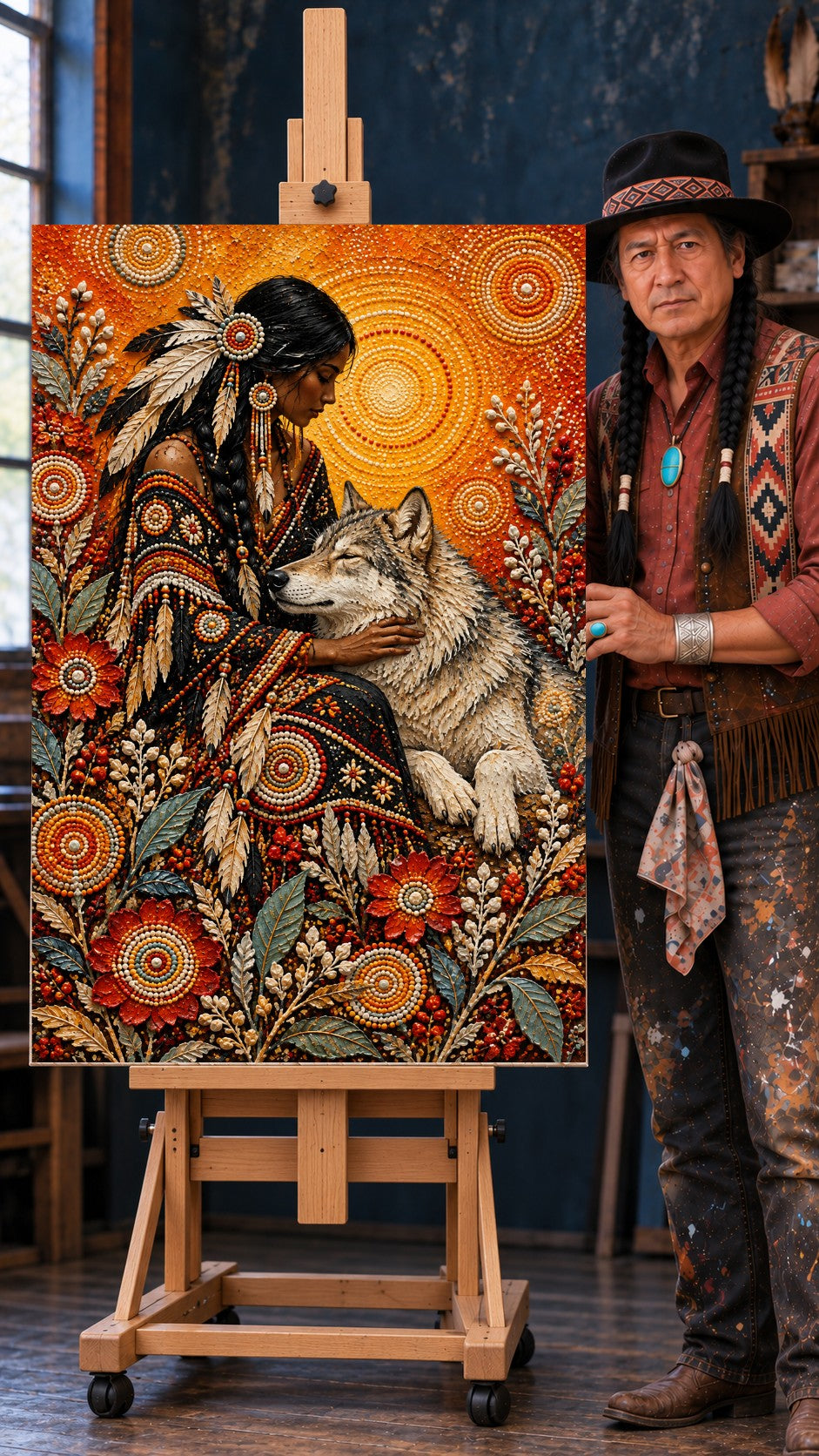 Native woman in beaded regalia with feathers in her braid, hand resting on a sleeping wolf, surrounded by flowers.