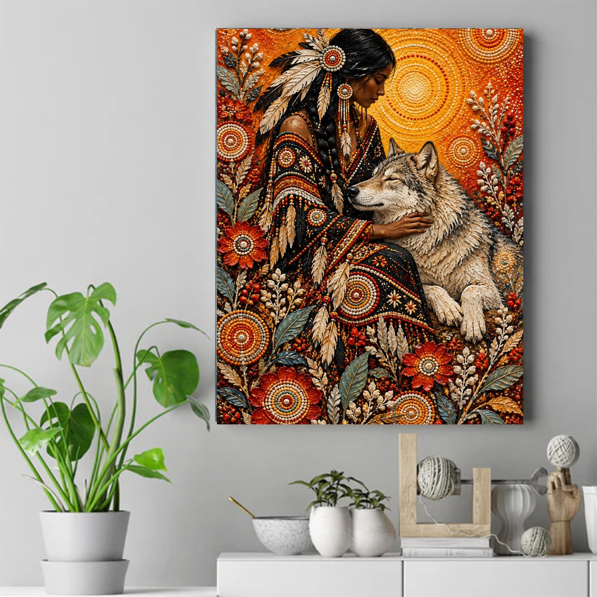 Native woman in beaded regalia with feathers in her braid, hand resting on a sleeping wolf, surrounded by flowers. – ảnh 2
