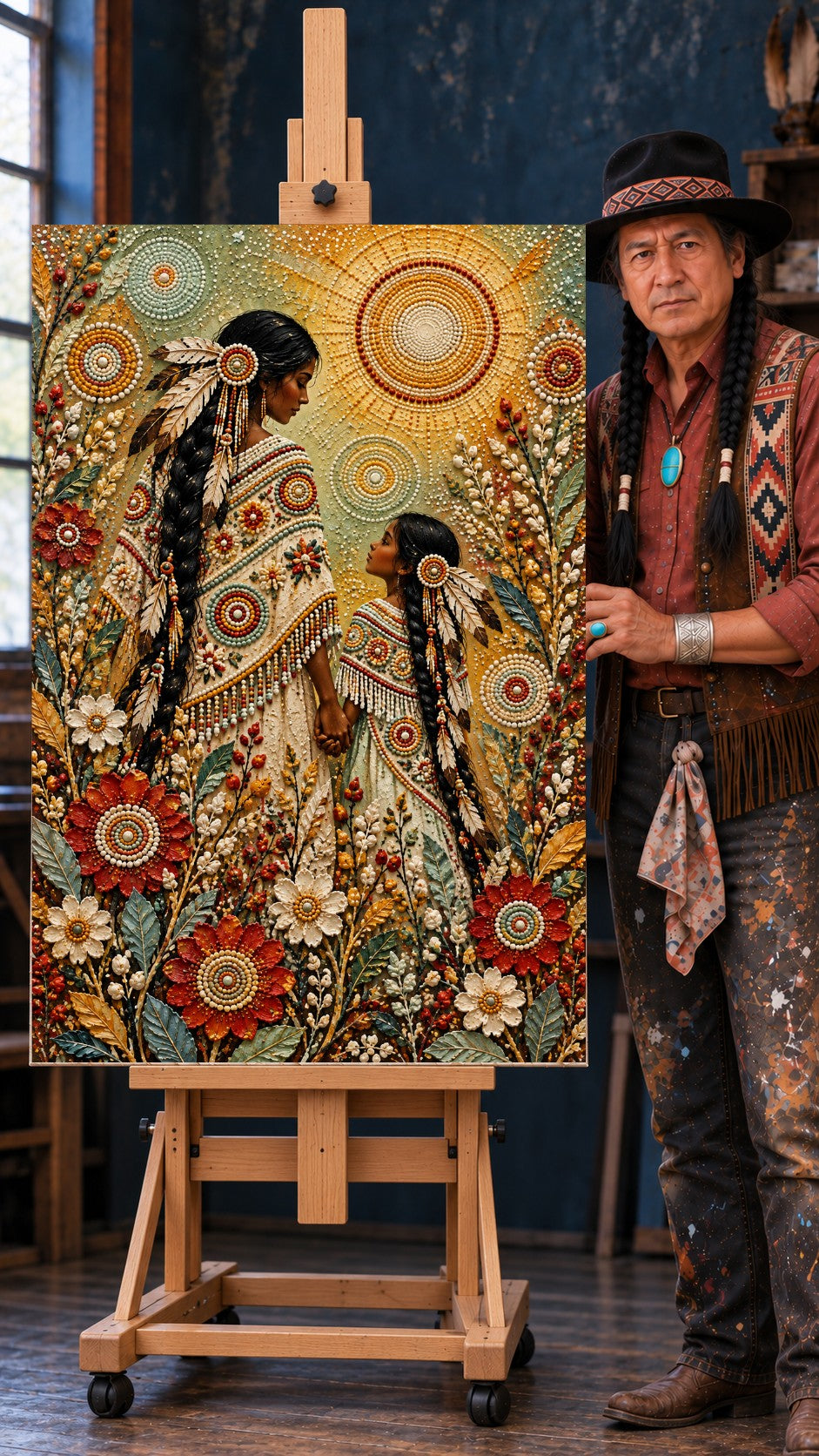 Native woman and girl holding hands in a field of red and cream flowers, wearing beaded dresses and feathers.