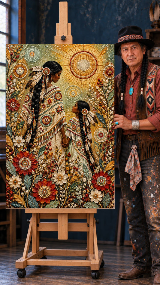 Native woman and girl holding hands in a field of red and cream flowers, wearing beaded dresses and feathers.