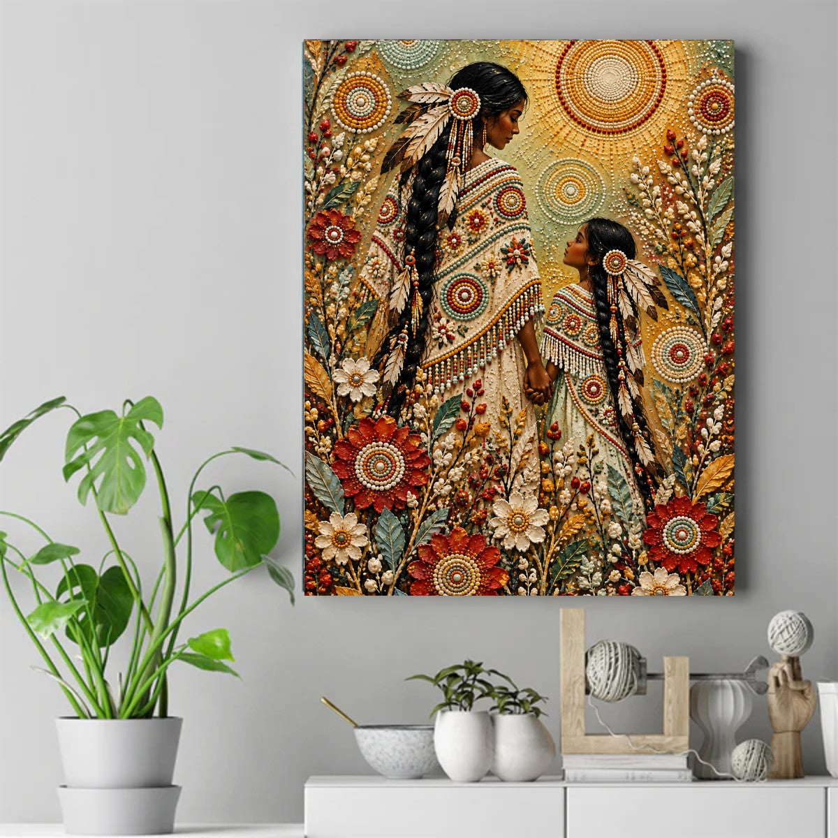 Native woman and girl holding hands in a field of red and cream flowers, wearing beaded dresses and feathers. – ảnh 2
