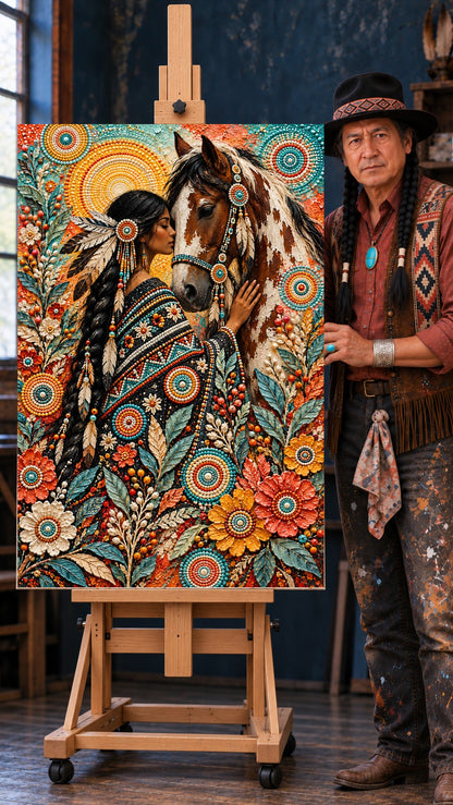 Native woman with a long braid and feather wearing a beaded shawl, standing beside a pinto horse with a beaded bridle.