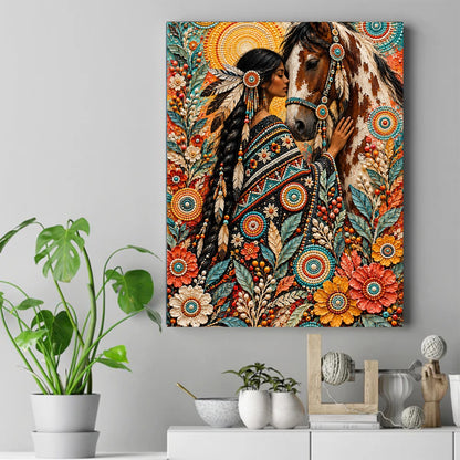 Native woman with a long braid and feather wearing a beaded shawl, standing beside a pinto horse with a beaded bridle. – ảnh 2
