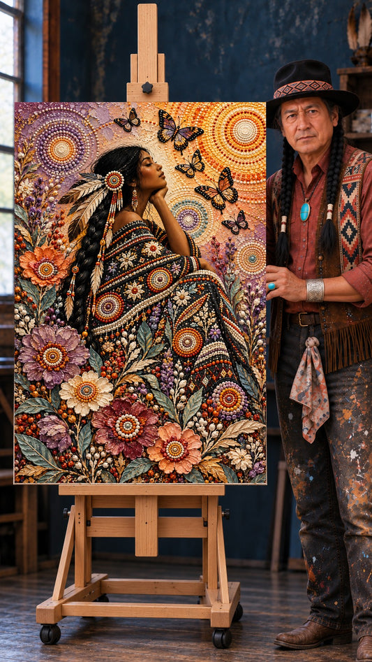 Native woman with braided hair and beaded blanket among flowers and butterflies under beaded suns
