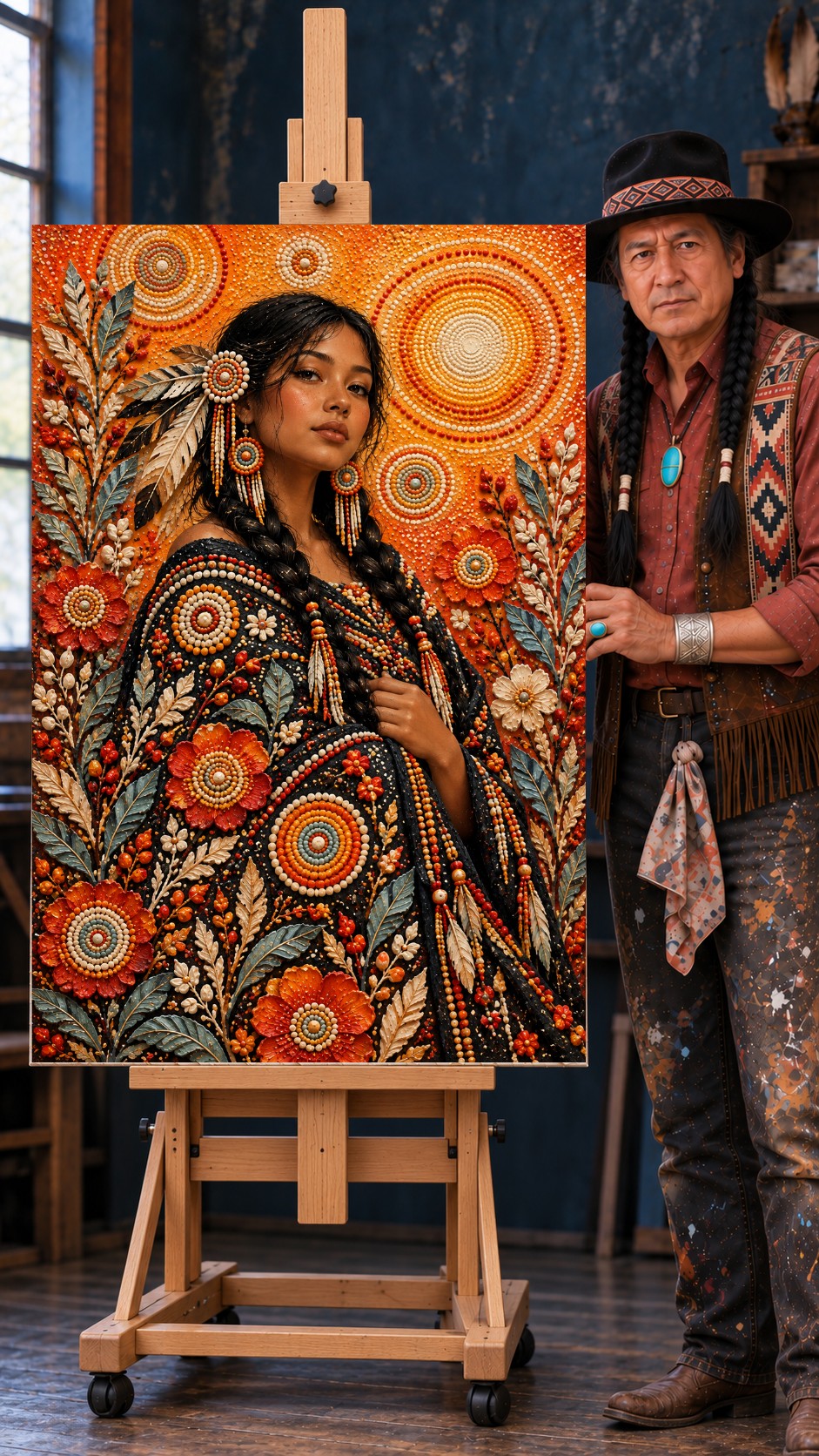 Native woman with braids in a beaded floral robe, surrounded by orange beadwork circles and flowers