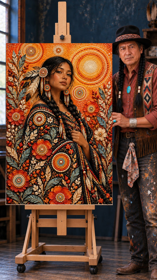 Native woman with braids in a beaded floral robe, surrounded by orange beadwork circles and flowers
