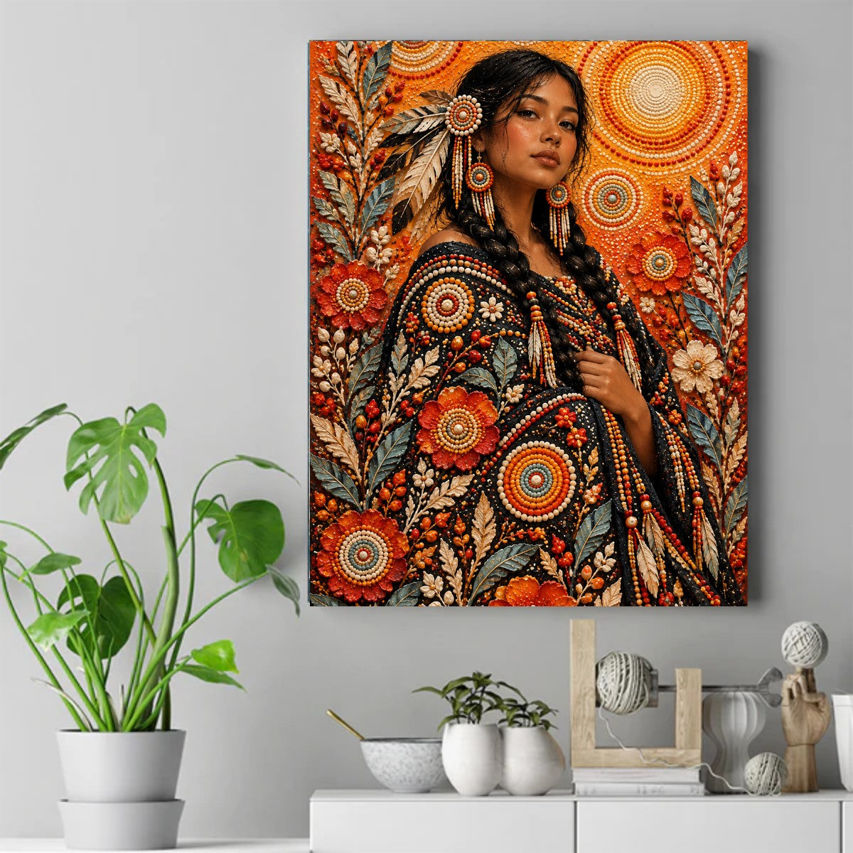 Native woman with braids in a beaded floral robe, surrounded by orange beadwork circles and flowers – ảnh 2