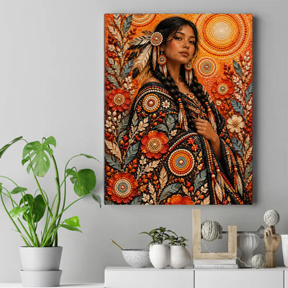 Native woman with braids in a beaded floral robe, surrounded by orange beadwork circles and flowers – ảnh 2
