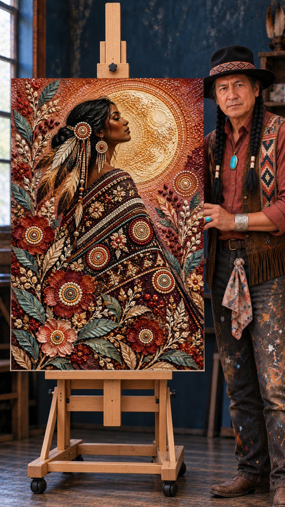 Native woman in profile in a beaded floral shawl with a feather in her hair, a golden moon behind her and flowers around her