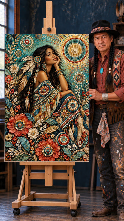 Native woman with long dark hair, chin resting on her hand, surrounded by beaded flowers and sunburst patterns.