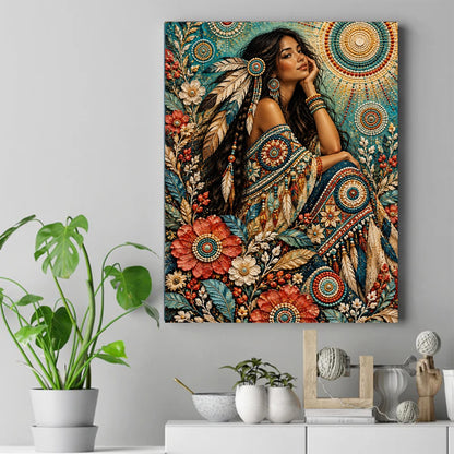 Native woman with long dark hair, chin resting on her hand, surrounded by beaded flowers and sunburst patterns. – ảnh 2