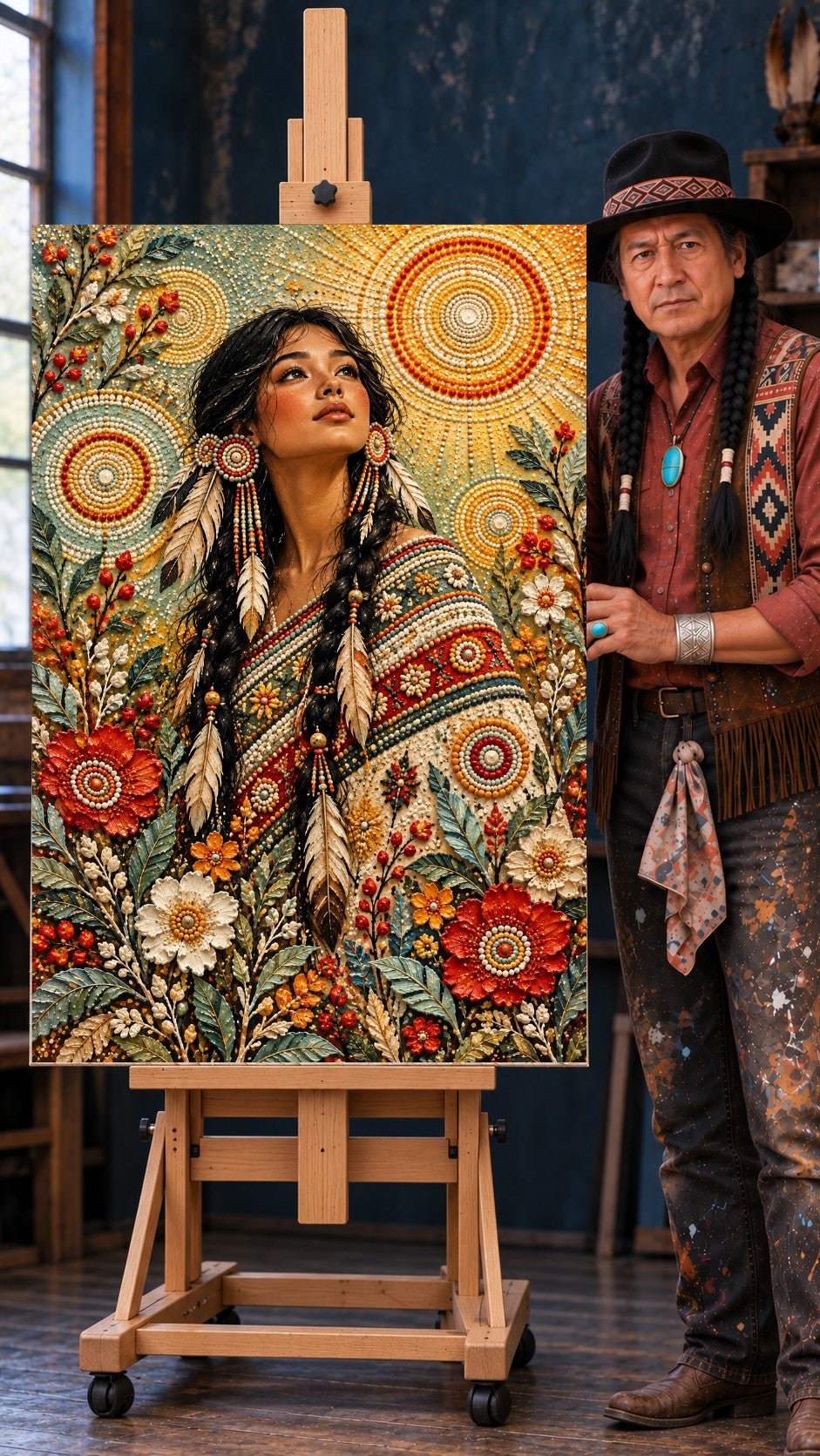 Native woman with braids and feathered earrings looking up, surrounded by beaded flowers and beaded suns