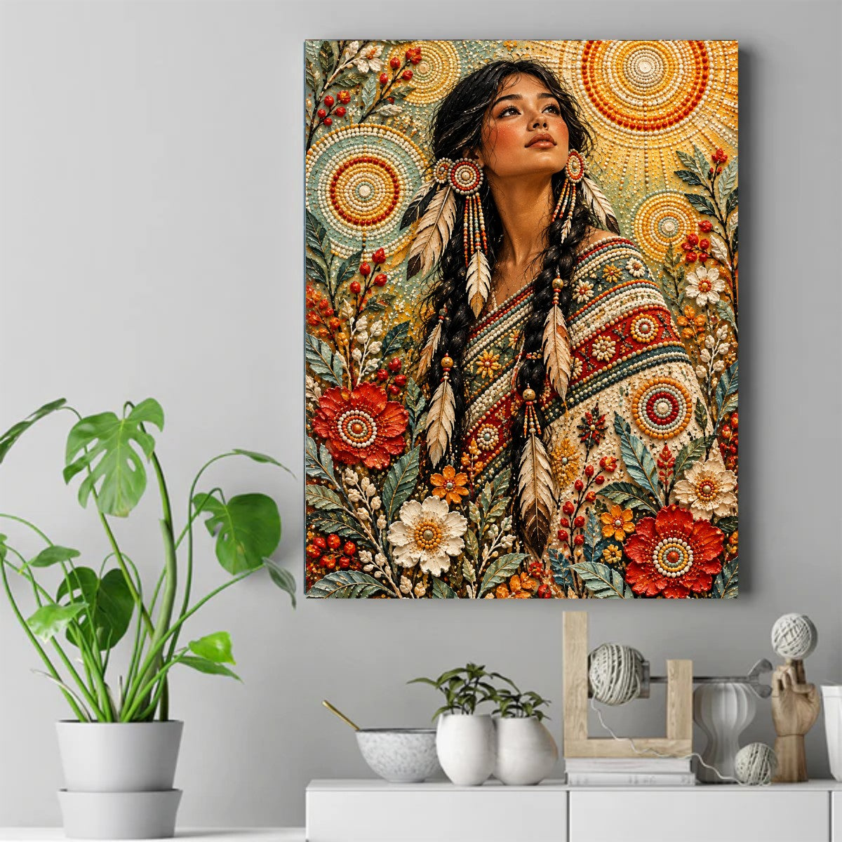 Native woman with braids and feathered earrings looking up, surrounded by beaded flowers and beaded suns – ảnh 2