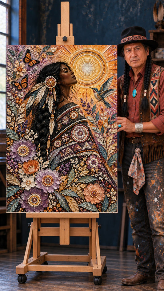 Native woman with closed eyes facing a beaded sun, with monarch butterflies, a hummingbird, and beaded flowers