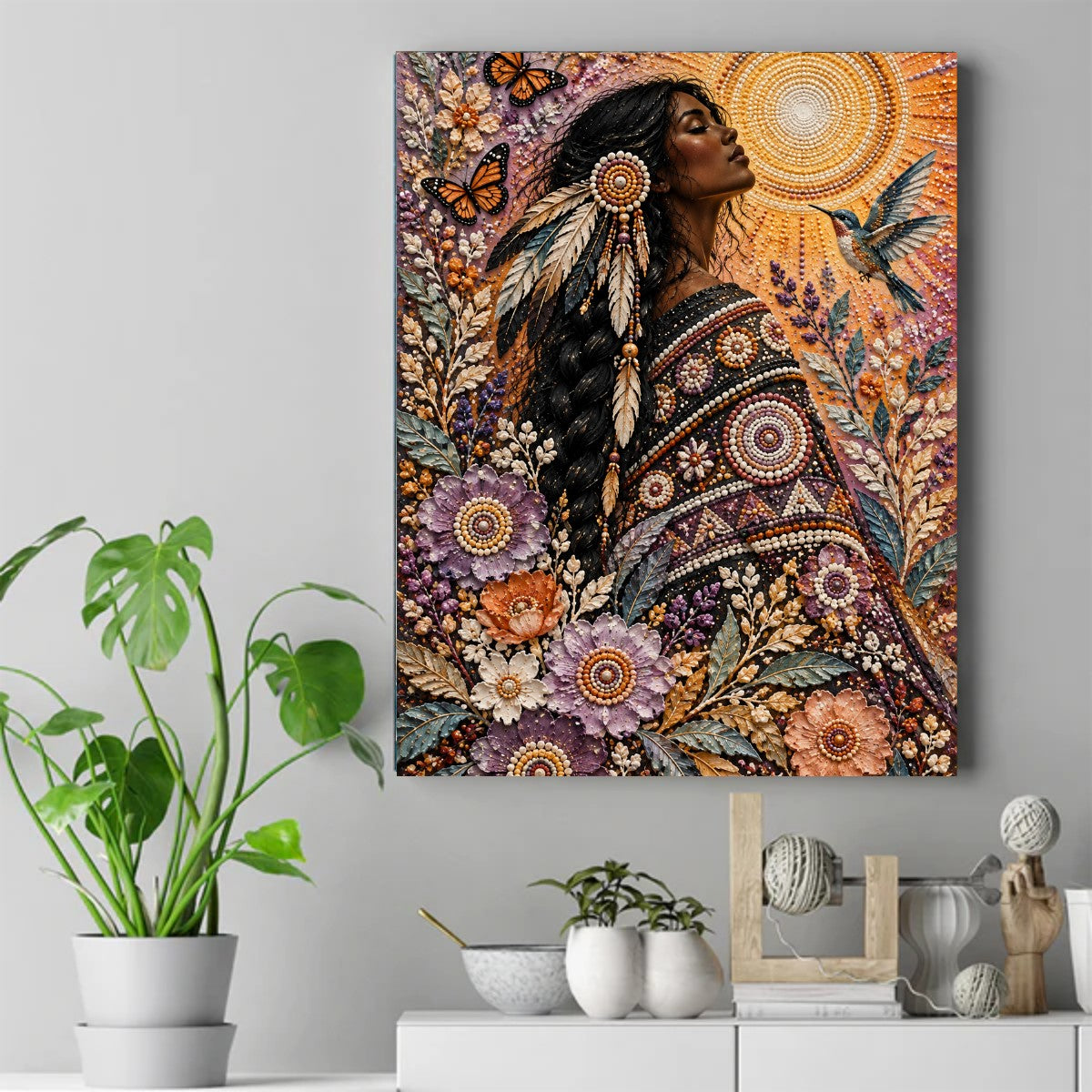 Native woman with closed eyes facing a beaded sun, with monarch butterflies, a hummingbird, and beaded flowers – ảnh 2