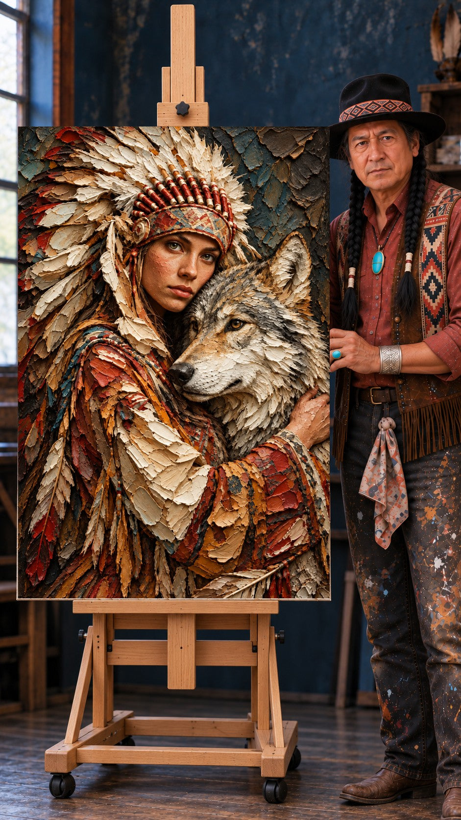 Native woman in a feathered headdress holding a gray wolf, painted in thick textured earth tones