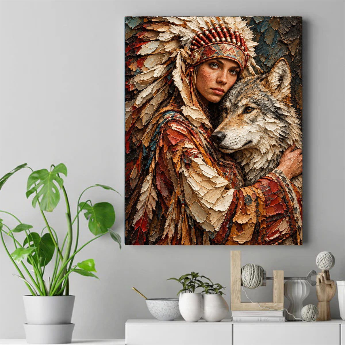 Native woman in a feathered headdress holding a gray wolf, painted in thick textured earth tones – ảnh 2