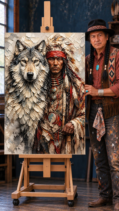Textured portrait of a Native American man in a feathered headdress beside a gray wolf, in earthy red and cream tones.