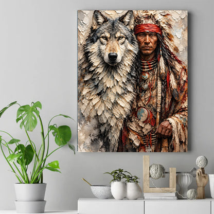 Textured portrait of a Native American man in a feathered headdress beside a gray wolf, in earthy red and cream tones. – ảnh 2