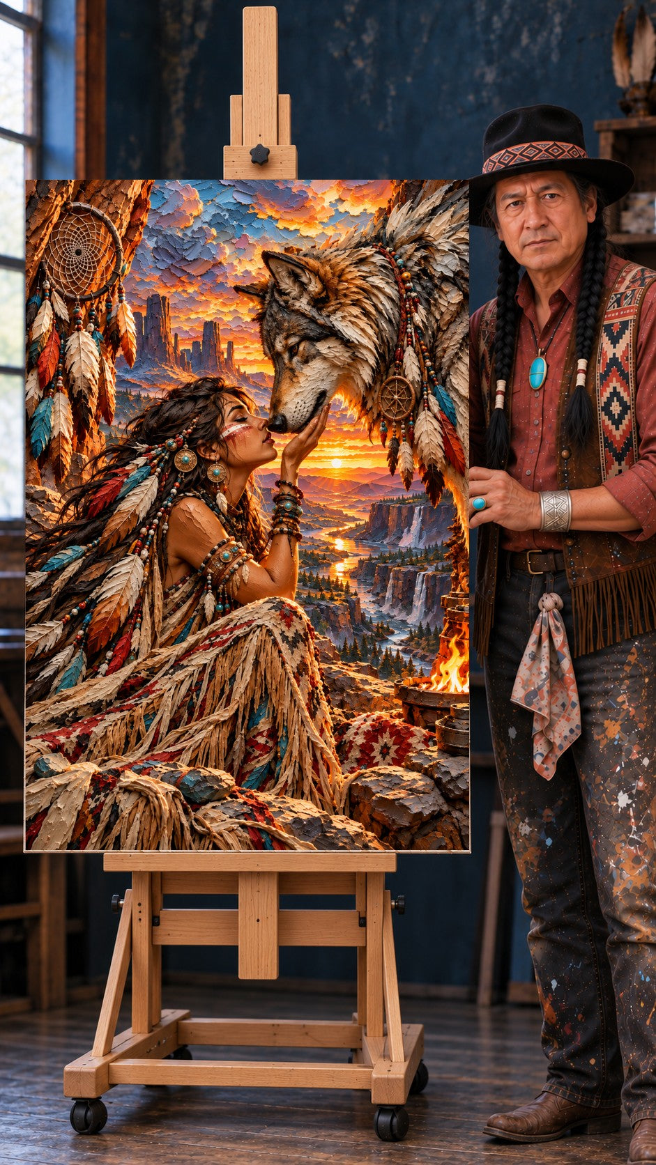 Native American woman with closed eyes touching noses with a gray wolf at sunset, dreamcatcher and feathers behind her
