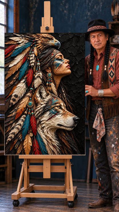 Native woman with closed eyes in a feather headdress, with an eagle and wolf, turquoise beads, and blue face paint.