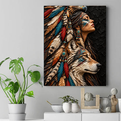 Native woman with closed eyes in a feather headdress, with an eagle and wolf, turquoise beads, and blue face paint. – ảnh 2