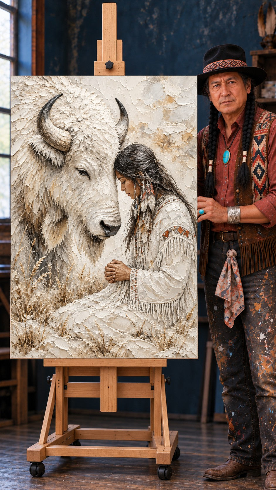Textured cream-toned artwork of a Native woman with braided hair and feathers resting her forehead against a white bison.
