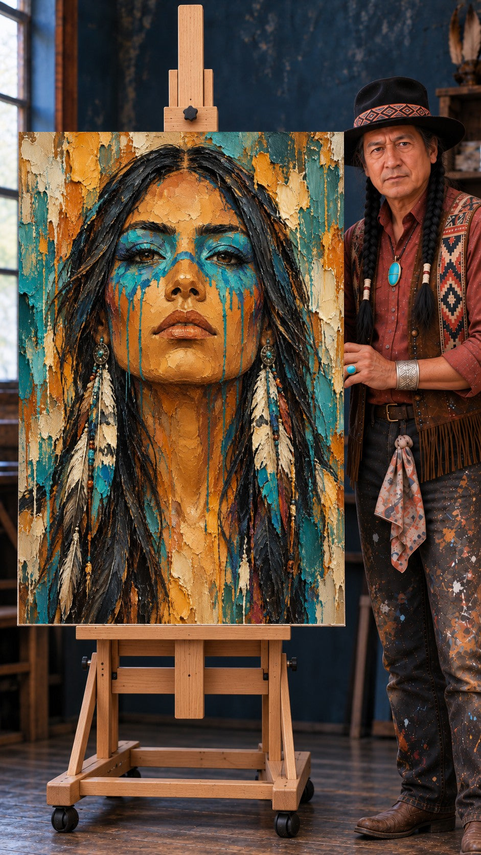 Textured portrait of a Native woman with turquoise paint dripping from her eyes and long feather earrings