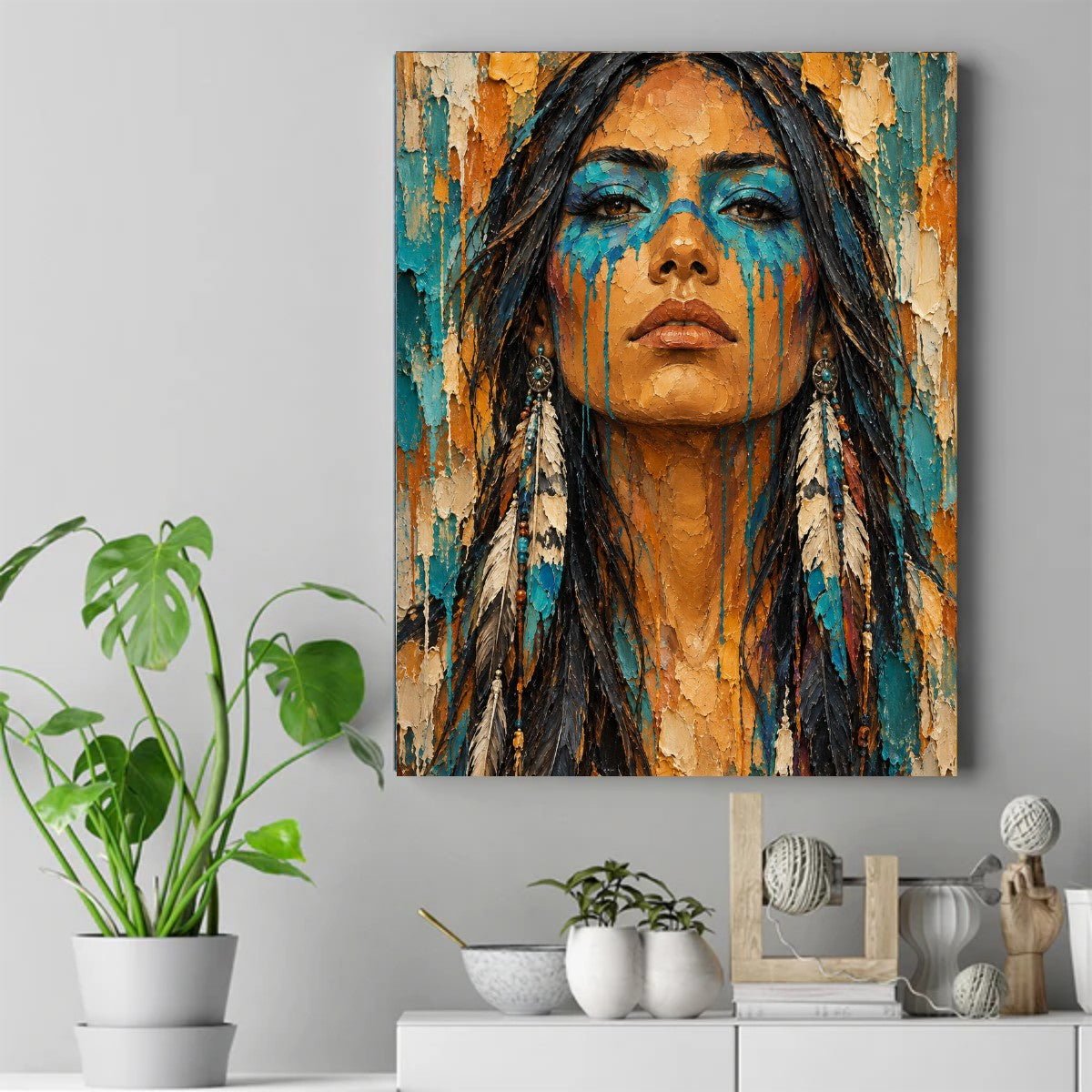 Textured portrait of a Native woman with turquoise paint dripping from her eyes and long feather earrings – ảnh 2