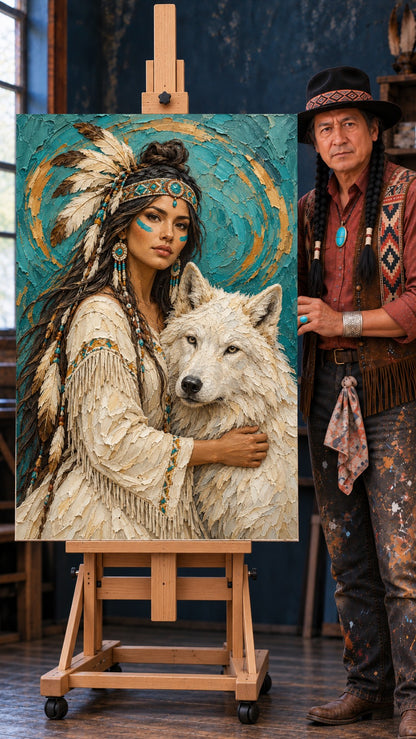 Native woman with feathered headband and blue face paint embracing a white wolf against turquoise and gold textured background