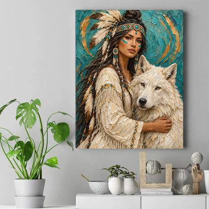Native woman with feathered headband and blue face paint embracing a white wolf against turquoise and gold textured background – ảnh 2