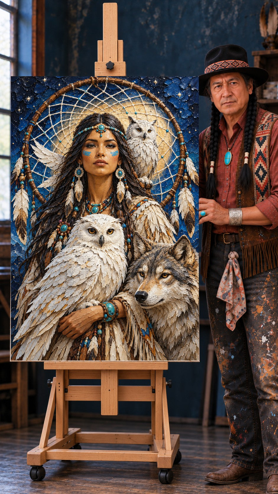 Native woman with blue face paint holding a white owl, a second owl and a wolf beside her, dreamcatcher behind