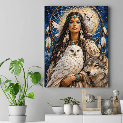 Native woman with blue face paint holding a white owl, a second owl and a wolf beside her, dreamcatcher behind – ảnh 2