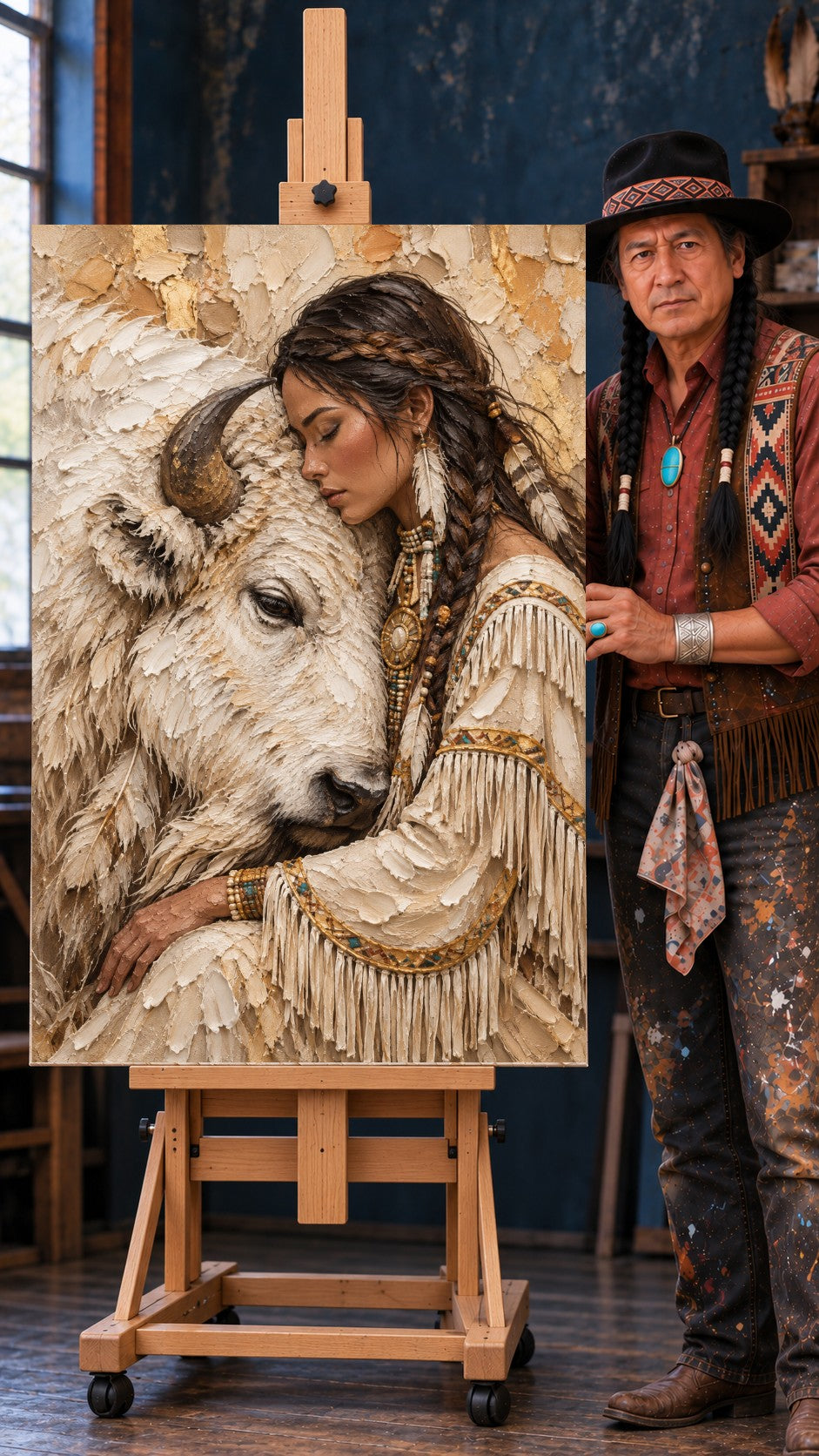 Native woman with braids and fringed buckskin resting her head against a white bison, cream and gold tones