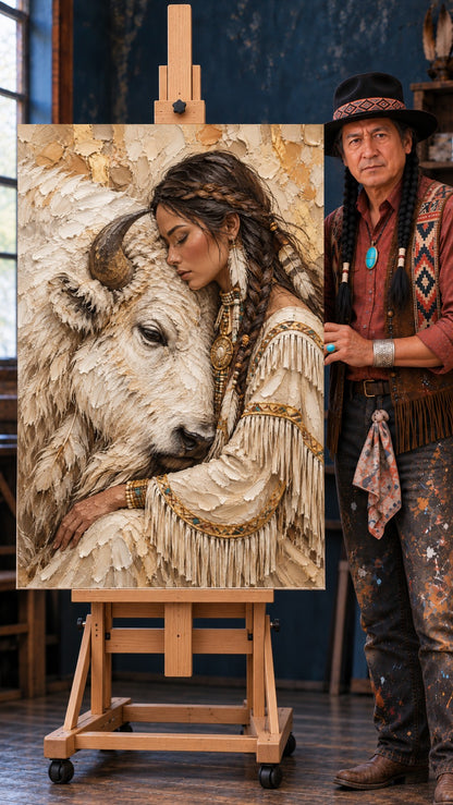Native woman with braids and fringed buckskin resting her head against a white bison, cream and gold tones