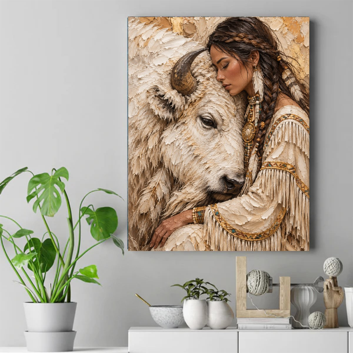 Native woman with braids and fringed buckskin resting her head against a white bison, cream and gold tones – ảnh 2