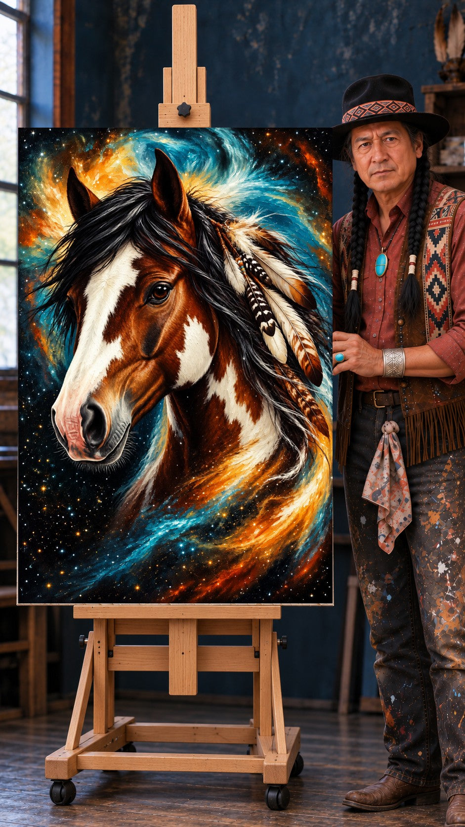Close-up brown and white horse with black mane, feathers and beads, against a swirling starry blue and orange sky.