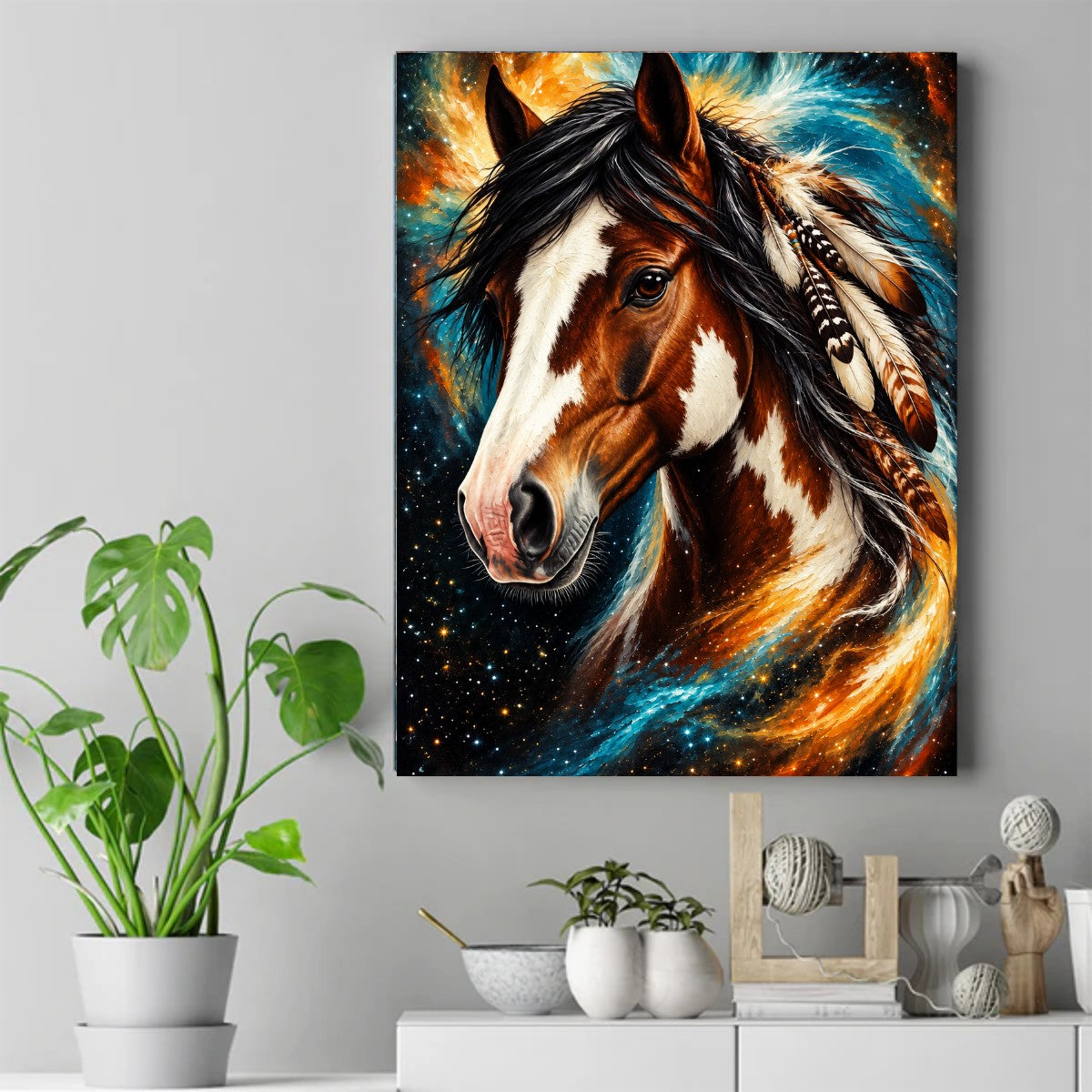 Close-up brown and white horse with black mane, feathers and beads, against a swirling starry blue and orange sky. – ảnh 2