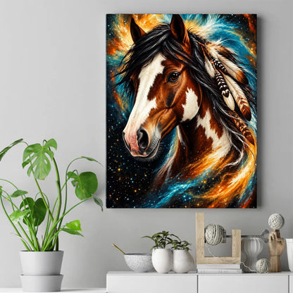 Close-up brown and white horse with black mane, feathers and beads, against a swirling starry blue and orange sky. – ảnh 2