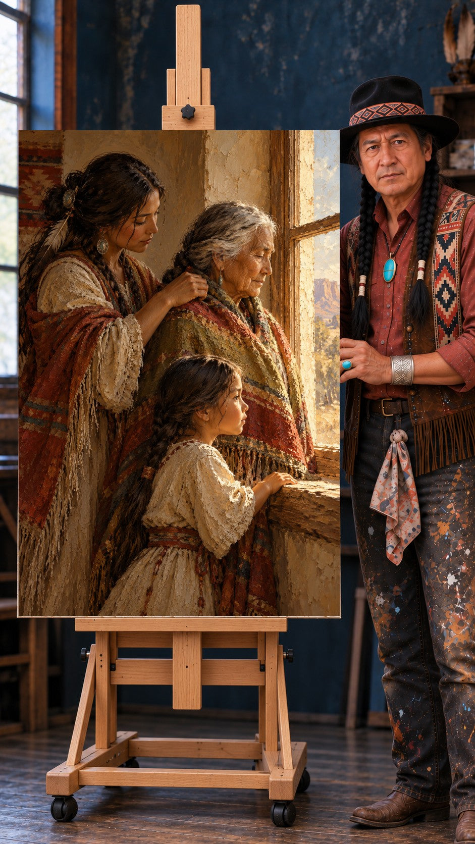 Three Native American women of different ages together by a window, one fixing an elder's hair, warm sunlight.