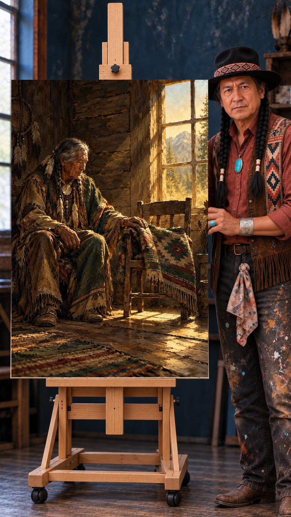 Native American elder seated in a log cabin, hand on a patterned blanket, sunlight through a window with mountains outside.